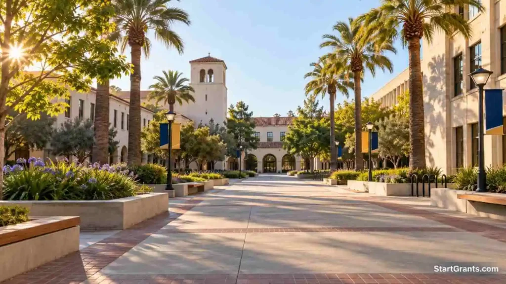 Empty university courtyard with academic buildings, palm trees, and a pedestrian walkway.