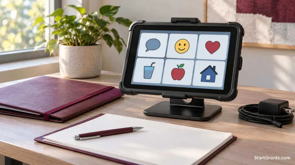 Tablet-style communication device on an adjustable stand beside assessment paperwork and a charger.