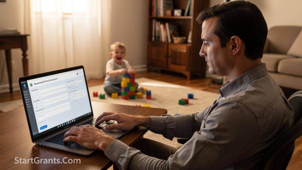 A father filling out an application for a state childcare voucher online.