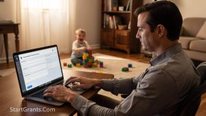 A father filling out an application for a state childcare voucher online.