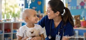 A volunteer comforting a smiling pediatric cancer survivor in a bright hospital room.