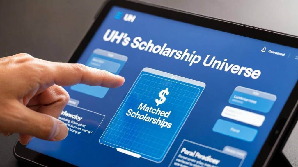 The interface of the University of Houston's Scholarship Universe portal for matching internal scholarships.