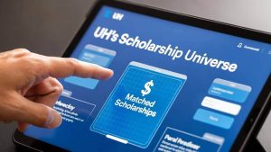 The interface of the University of Houston's Scholarship Universe portal for matching internal scholarships.