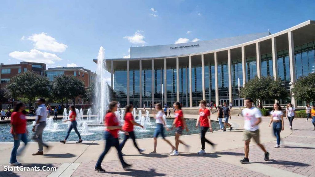 A view of the modern University of Houston campus, home to the Cougar Promise scholarship program.