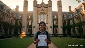 A student receives an institutional scholarship award letter in front of a classical university building.