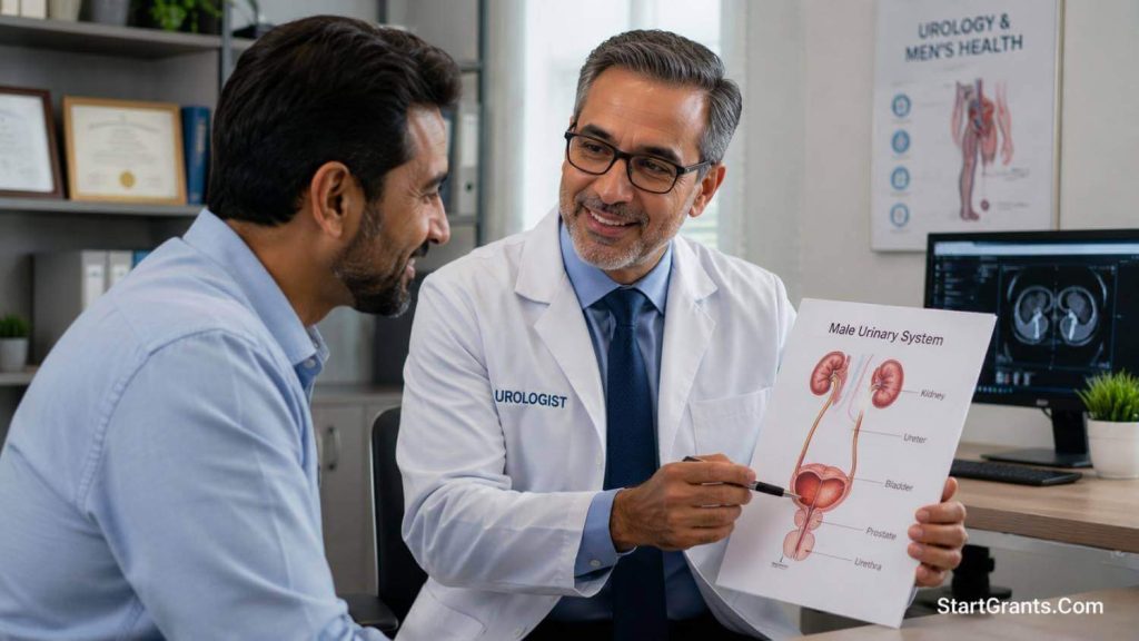 A urologist explaining vasectomy reversal success rates to a male patient.