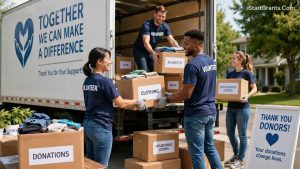 Volunteers loading boxes of donated clothing into a veteran charity truck.