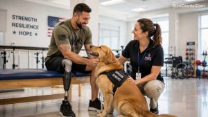 A disabled military veteran with a service dog receiving support from a charity worker.