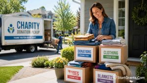 A homeowner placing boxes of clothes on a porch for a Vietnam Veterans of America donation pickup.