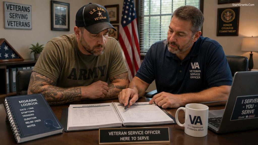 A veteran and VSO preparing a VA disability claim for migraines.