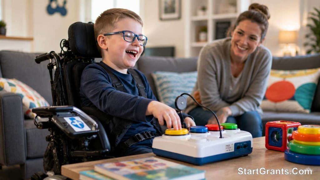 A child with a disability playing with an adaptive switch toy funded by a grant.