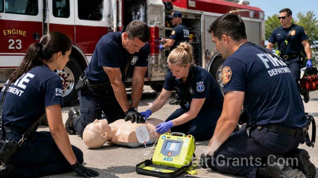 Firefighters training with life-saving equipment funded by AED grants for fire departments.