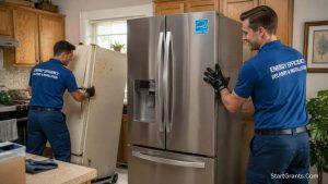A professional technician installing a new energy-efficient appliance in a home kitchen.