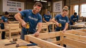 Volunteers building wooden bed frames for a local furniture charity.