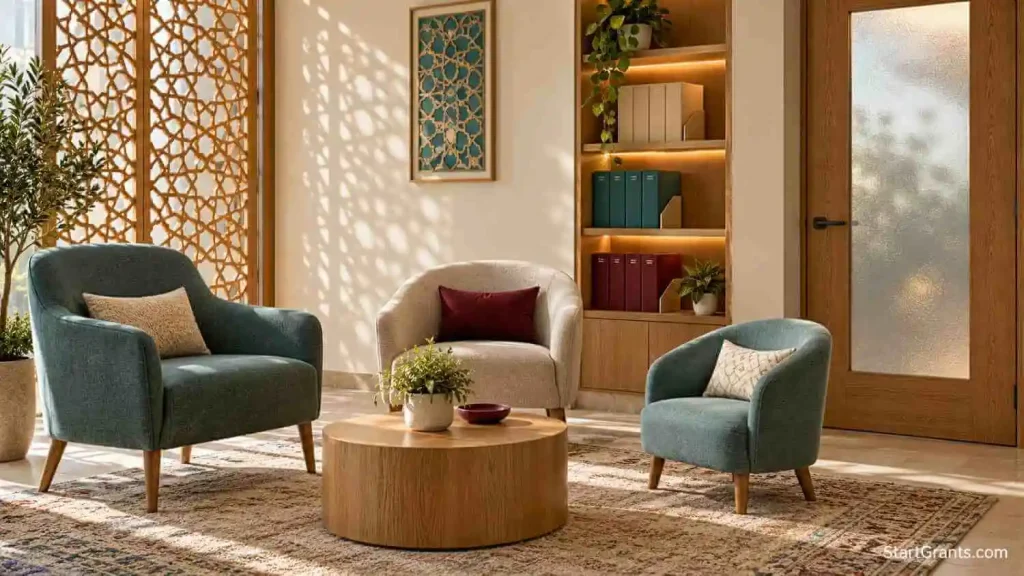 Private family consultation area with empty chairs and a geometric privacy screen.