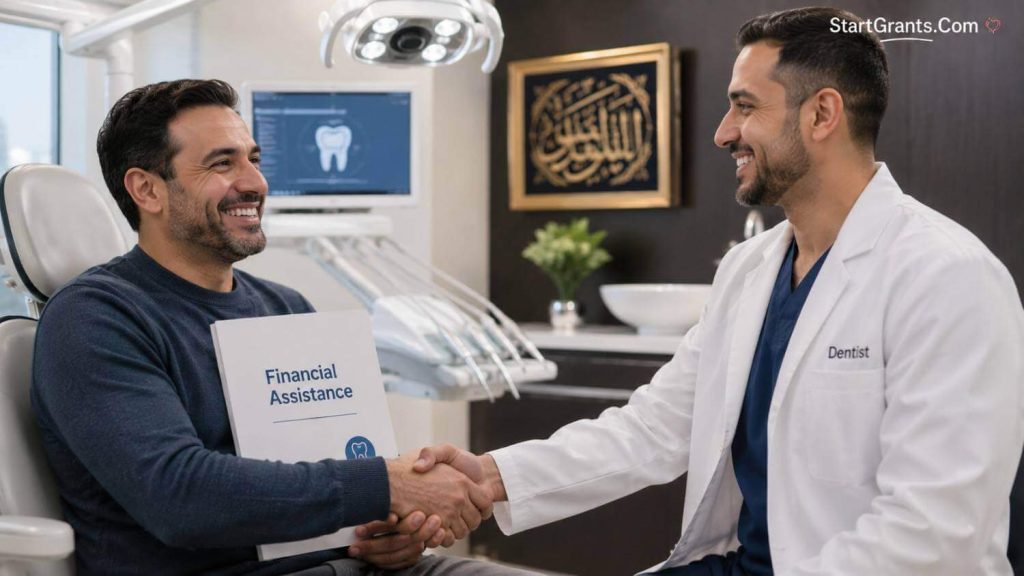 A relieved patient shaking hands with a dentist after receiving financial assistance.