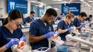 Dental students practicing in a university laboratory.