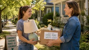 A woman receiving a free lamp and kitchenware from her neighbor.