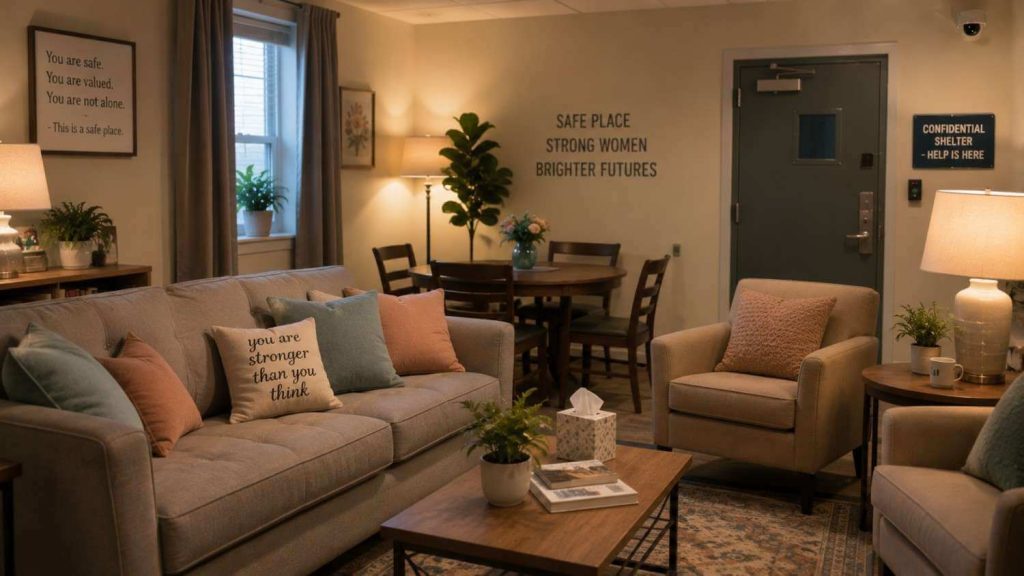 A warm and secure living room inside a confidential domestic violence shelter.