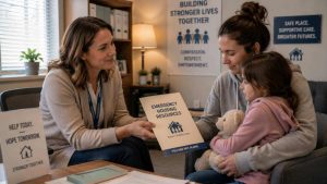 A social worker helping a mother and child with domestic violence emergency housing resources.
