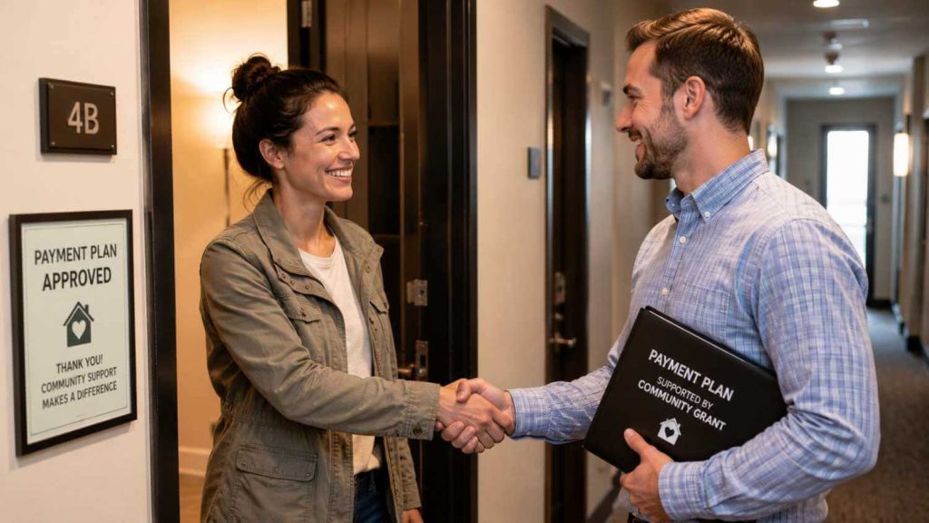 A tenant shaking hands with a landlord after securing rental assistance.