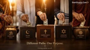 Diverse hands contributing to faith-based and religious charity funds.