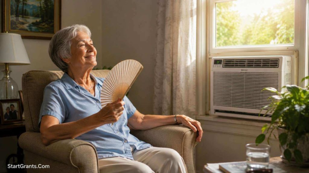 An elderly woman sitting comfortably in her living room, smiling as she feels the cool breeze from a newly installed window air conditioner.