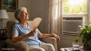 An elderly woman sitting comfortably in her living room, smiling as she feels the cool breeze from a newly installed window air conditioner.