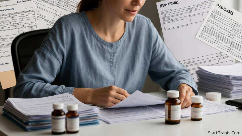 A person managing their bipolar disorder treatment and financial assistance documents.