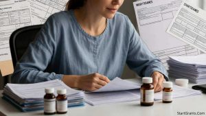 A person managing their bipolar disorder treatment and financial assistance documents.