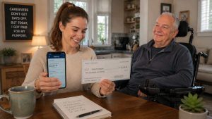 A family caregiver looking relieved after receiving financial compensation for their caregiving duties.