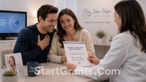 A couple finding financial assistance for IVF through non-profit fertility grants to help cover treatment costs.