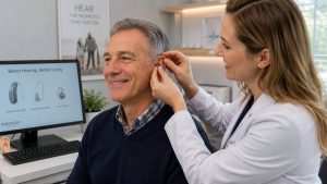 An audiologist fitting a government-funded hearing aid on a patient.