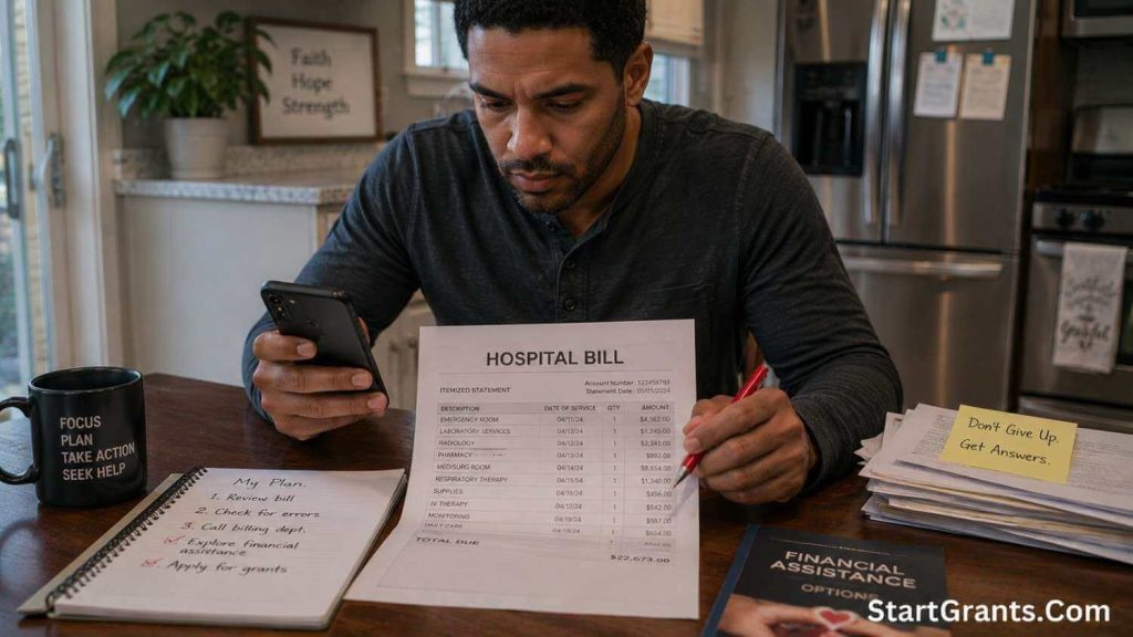 A person auditing an itemized hospital bill to apply for financial assistance.