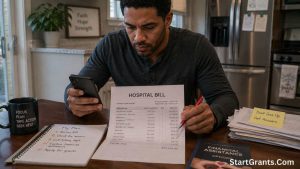 A person auditing an itemized hospital bill to apply for financial assistance.