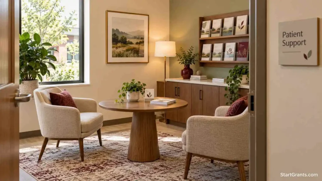 Empty patient-support consultation room illustrating financial assistance for lung cancer patients.