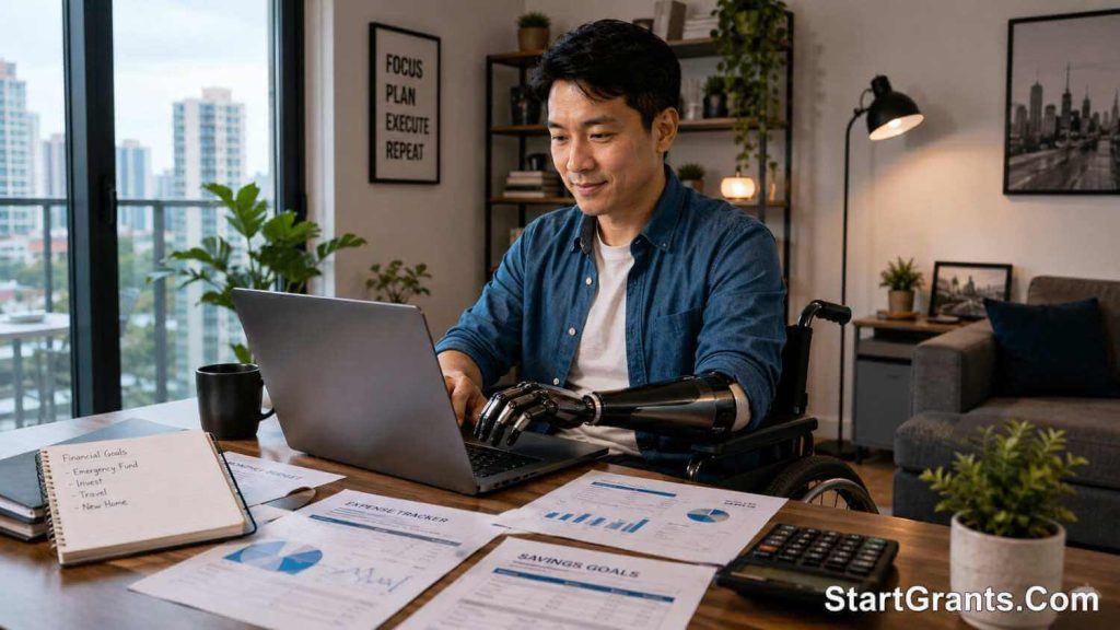 A disabled adult managing their finances and working independently at home.
