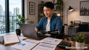A disabled adult managing their finances and working independently at home.