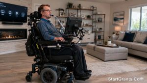 A quadriplegic individual using a high-tech power wheelchair at home.