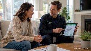 A home energy auditor explaining efficiency grant options to a homeowner.