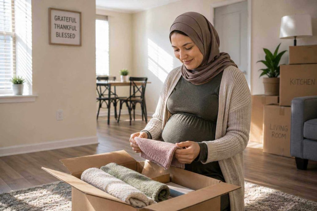 A pregnant woman smiling while unpacking in her new, safe apartment.