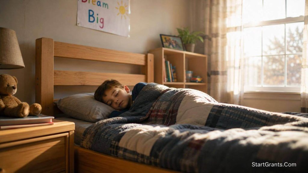 A child sleeping peacefully on a new wooden bed provided by a charity.