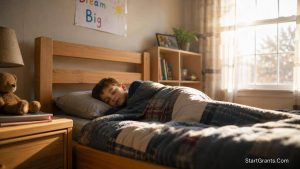 A child sleeping peacefully on a new wooden bed provided by a charity.