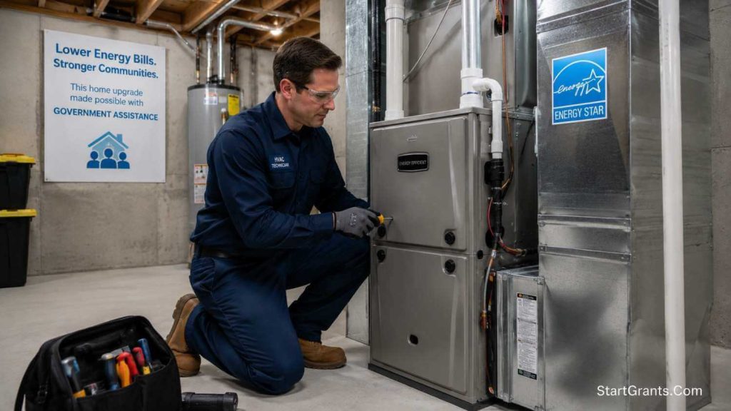 A professional HVAC technician installing a new energy-efficient furnace in a residential basement.