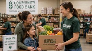A mother and child receiving a box of fresh groceries from a local food bank volunteer.