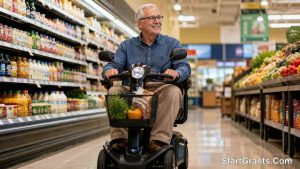 A disabled adult regaining independence using a government-funded mobility scooter.