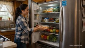 A mother organizing fresh groceries inside a brand-new Energy Star certified refrigerator in her kitchen.
