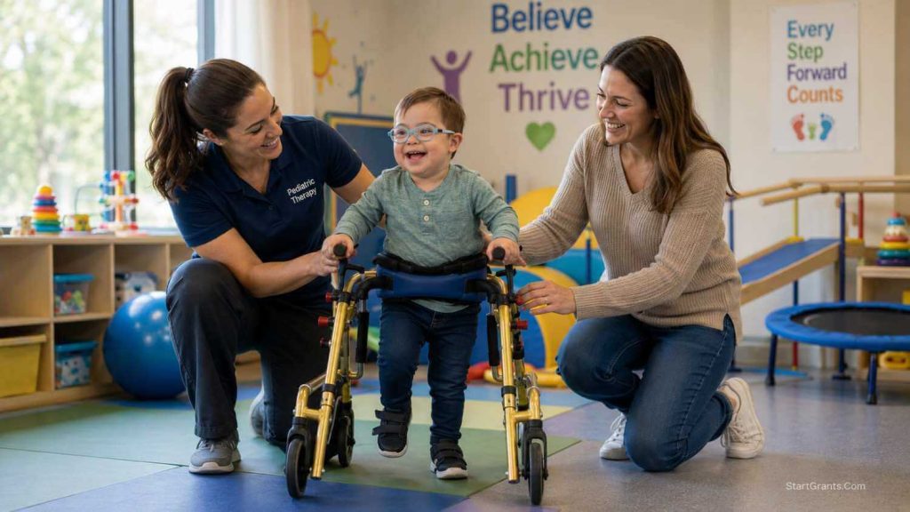 A child with a disability using a walker during physical therapy funded by government grants.