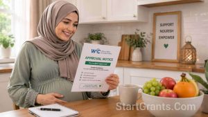 A pregnant woman smiling after being approved for government maternity grants and financial assistance.