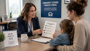 A HUD-approved housing counselor helping a mother apply for rent assistance.